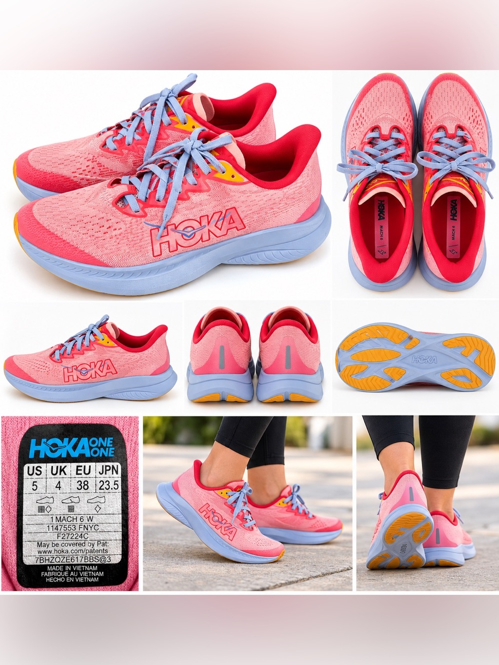 HOKA Mach 6 Women’s Running Shoes Pink Coral Blue Size 5